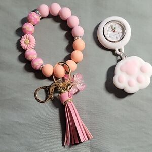 Pink and Peach Beaded Keychain Bracelet with Tassel